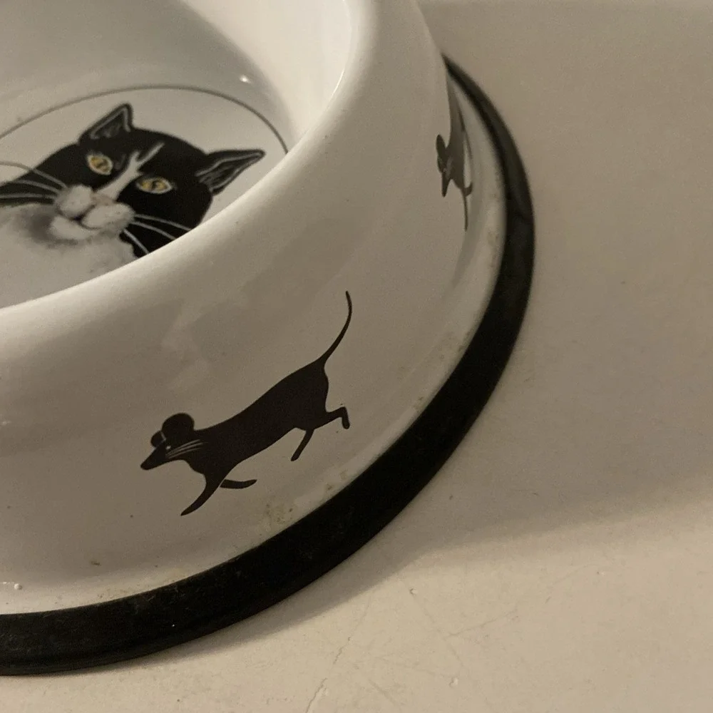 Vintage Tuxedo Black White Cat Metal Cat Dish With Mice Whimsical